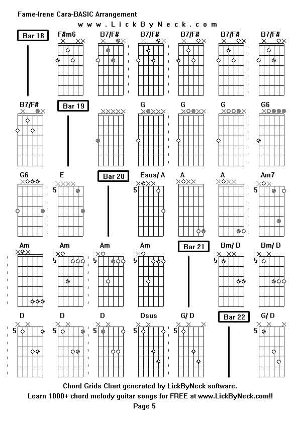 Chord Grids Chart of chord melody fingerstyle guitar song-Fame-Irene Cara-BASIC Arrangement,generated by LickByNeck software.